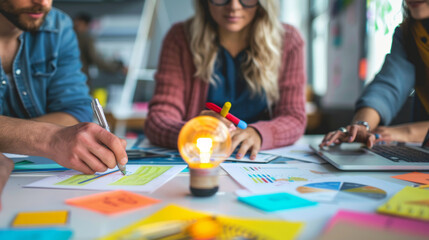 Collaborative brainstorming workshop in a creative space featuring charts, notes, and a light bulb idea symbol on the table