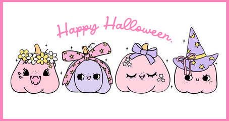 Retro Pink Pastel Halloween Pumpkins banner purple Coquette Spooky Cute Cartoon doodle drawing t shirt printable design