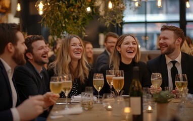 A group of friends enjoying drinks and laughter at a social gathering in a lively restaurant setting.