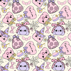 Retro Pink Pastel Halloween Pumpkins Seamless Pattern purple Coquette Spooky Cute Cartoon repeat design isolated on background