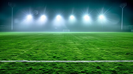 Obraz premium Illuminated Soccer Field at Night With Bright Floodlights and Clear Skies