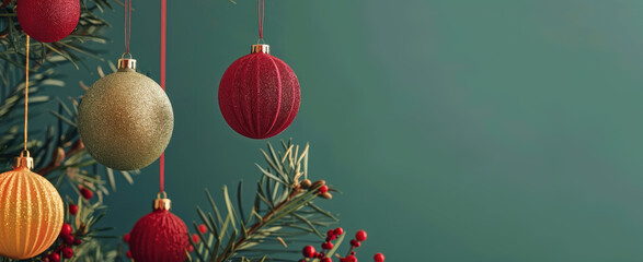 Obraz premium Festive Scandinavian-inspired Christmas decorations featuring colorful ornaments and evergreen foliage perfect for holiday celebrations