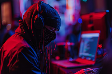 Attendee focused on cybersecurity discussions at a conference during a vibrant night setting