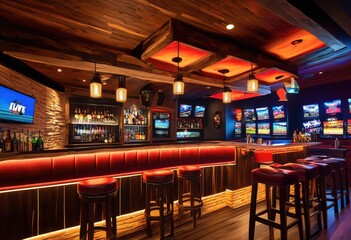 vibrant sports bar interior design featuring dynamic colorful engaging layout social gatherings, furnishings, decor, seating, tables, lighting, atmosphere