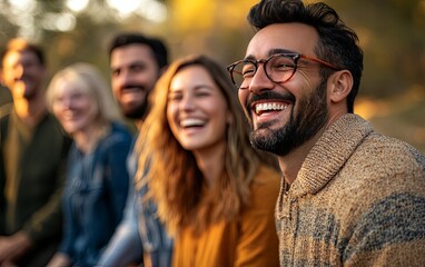 Fototapeta premium A group of friends laughing together outdoors, enjoying a joyful moment in nature.
