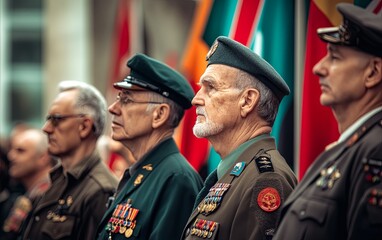 Obraz premium A group of military officers in uniform stand solemnly, showcasing their medals against a backdrop of various flags.