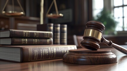 Majestic wooden gavel next to classic law books on a polished desk, embodying a sophisticated courtroom atmosphere in a richly detailed setting