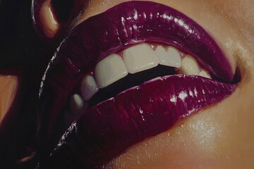 Close-up Oil Painting of Glossy Purple Lips and White Teeth