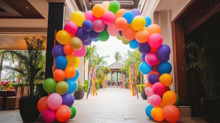 a beautiful balloon decoration with a vibrant mix of colors, featuring an arch of balloons in various sizes for a party entrance.