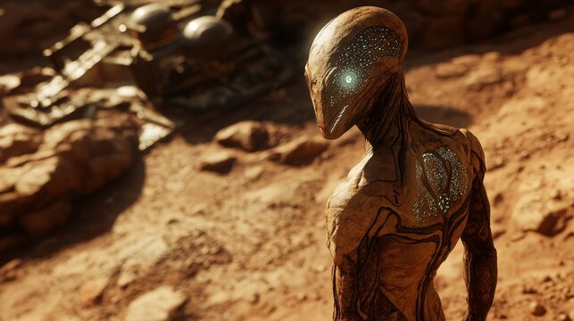 Martian Sentinel: A humanoid alien standing watch over the red planet, its bioluminescent patterns and reflective eyes suggesting an ancient, highly evolved intelligence.