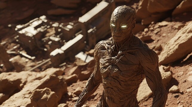 Martian Sentinel: A humanoid alien standing watch over the red planet, its bioluminescent patterns and reflective eyes suggesting an ancient, highly evolved intelligence.