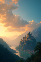 medieval fantasy city built over hills, view of the river and mountains