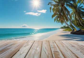 Fototapeta premium Idyllic tropical beach paradise with inviting wooden platform, perfect for showcasing summer products
