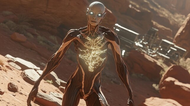 Martian Sentinel: A humanoid alien standing watch over the red planet, its bioluminescent patterns and reflective eyes suggesting an ancient, highly evolved intelligence.