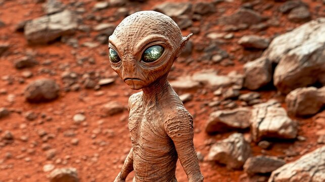Martian Sentinel: A humanoid alien standing watch over the red planet, its bioluminescent patterns and reflective eyes suggesting an ancient, highly evolved intelligence.