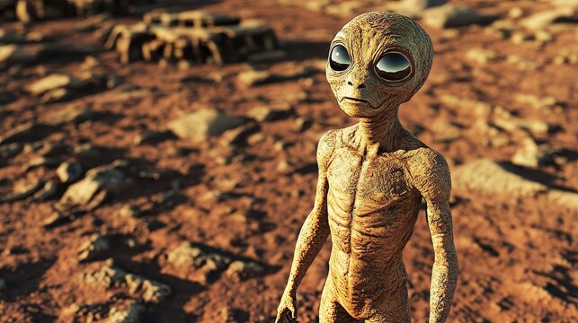 Martian Sentinel: A humanoid alien standing watch over the red planet, its bioluminescent patterns and reflective eyes suggesting an ancient, highly evolved intelligence.
