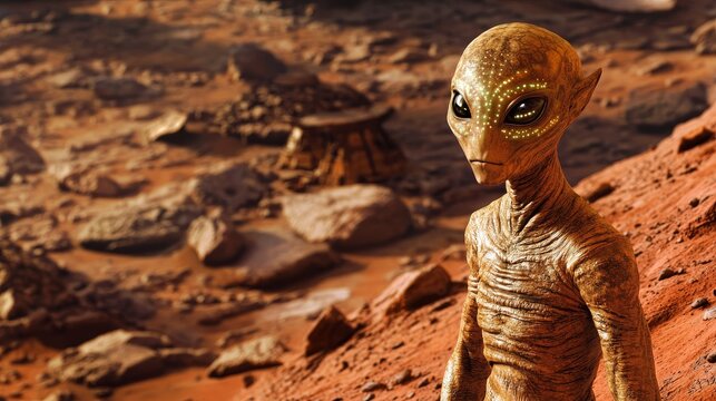 Martian Sentinel: A humanoid alien standing watch over the red planet, its bioluminescent patterns and reflective eyes suggesting an ancient, highly evolved intelligence.