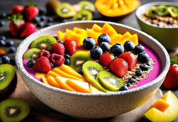 colorful vibrant smoothie bowls stunning fruit arrangements showcasing variety fresh ingredients textures, healthy, nutrition, breakfast, berries, toppings