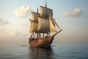 Obraz premium Wooden sailing ship with large sails in the open sea 