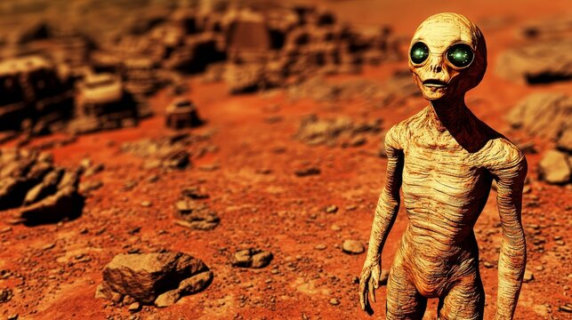Martian Sentinel: A humanoid alien standing watch over the red planet, its bioluminescent patterns and reflective eyes suggesting an ancient, highly evolved intelligence.