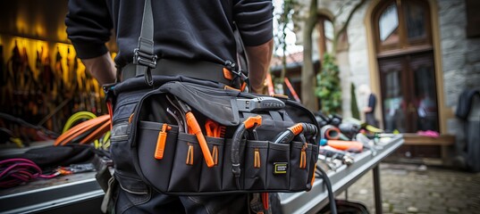 Professional technician with tool bag prepares for work outdoors in a busy urban environment