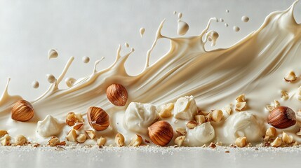  A close-up shot of a creamy milkshake with nuts cascading out, as milk is gently poured over the top