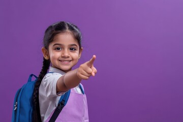Indian Kid at School Showing Copy Space. Happy Latin Girl Pointing at Ad for Children, Isolated on Violet Background