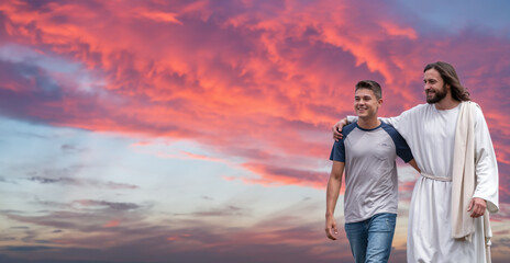 "Jesus Walking Beside a Faithful Christian: A Touching Image of Divine Companionship, Guidance, and Spiritual Hope, Symbolizing the Christian Journey of Faith, Love, and Eternal Salvation