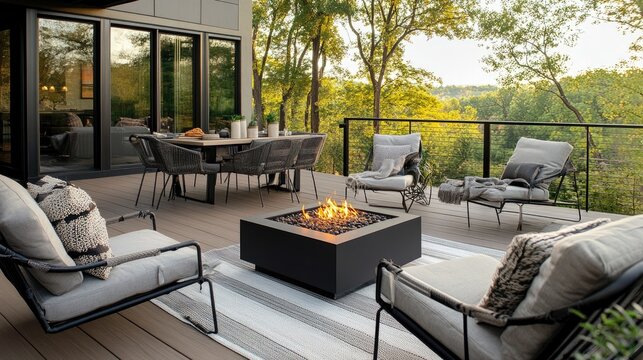 a chic outdoor furniture set on a deck, featuring comfortable lounge chairs, a fire pit, and a modern dining table.