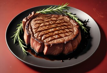 A medium-rare grilled ribeye steak on a dark plate, garnished with a sprig of rosemary and peppercorns