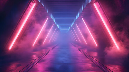 Fototapeta premium Neon Lights in a Foggy Corridor 3D Illustration