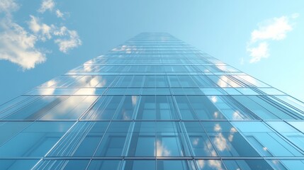 Fototapeta premium Modern Glass Skyscraper, showcasing a sleek architectural design, rises against a clear blue sky, bathed in the gentle morning sunlight, symbolizing innovation and progress