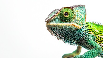 Fototapeta premium Green-and-yellow chameleon on a branch against a white sky