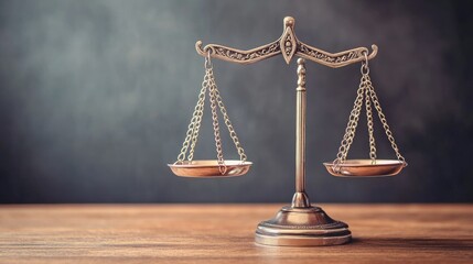 Detailed shot of balance scales of justice on a lawyer's desk, with space for copy in the background.