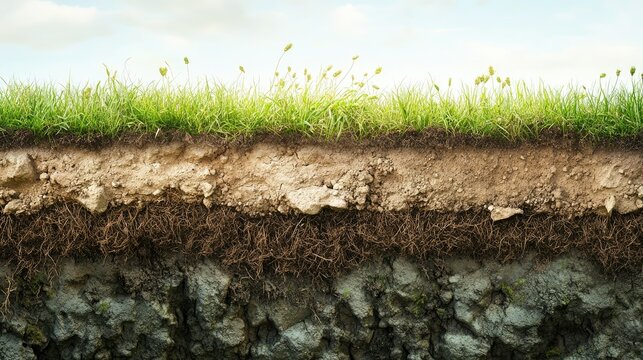Detailed cutaway of grass and soil, showing healthy roots, soil layers, and organic materials underground.