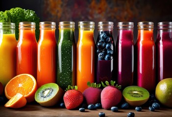 vibrant juice blends showcasing fresh produce combinations colorful fruits vegetables refreshing experience, smoothies, healthy, organic, flavors, nutrients