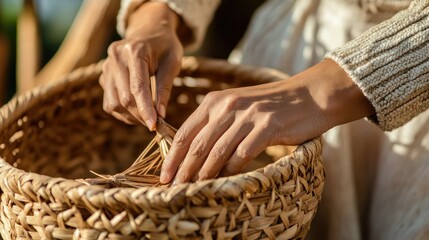 a close-up of basket weaving, with hands crafting a basket from natural fibers, showcasing traditional craftsmanship.