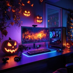 Halloween Gaming Setup with Neon Lights and Pumpkins