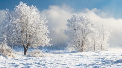 Fototapeta premium a cold air front moving across a snowy landscape, with frost-covered trees and a chilly wind blowing through the scene.