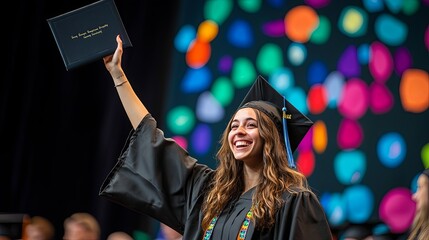 A joyful graduate celebrating with a diploma at a colorful graduation ceremony.