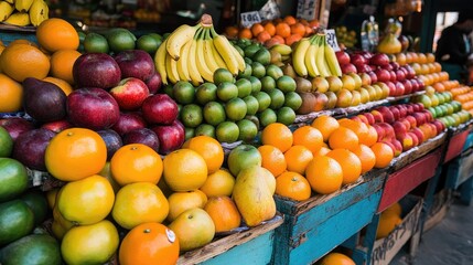 a colorful fresh fruit stand at a market, filled with a variety of fruits like apples, oranges, and bananas, freshly picked and ready for sale.
