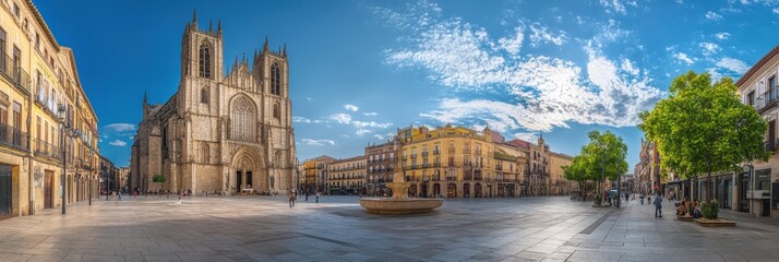 Obraz premium Leon Cathedral, Plaza de Regla Panorama. Ancient Gothic Architecture in Spain