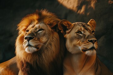 Lion and Lioness in the Wild: Majestic Pair of Predatory Cats in Natural Habitat