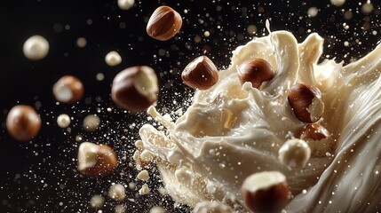   A group of nuts is tumbling into a cup of milk as more fall out from the container