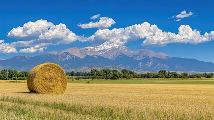 Golden hay bales dot a sunlit field, surrounded by mountains and a vibrant blue sky, showcasing the beauty of summer harvest in rural America