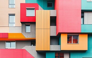 A vibrant, modern building facade featuring bold colors and geometric shapes, showcasing contemporary architectural design.