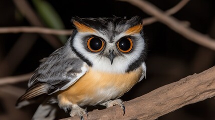 The owl's large, captivating eyes and delicate feathers create a stunning portrait with a dark, unobtrusive background