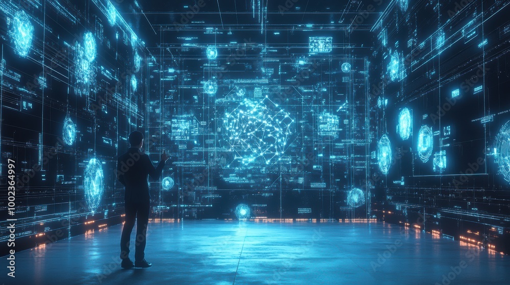 Aufkleber a professional analyzes neural network patterns and interacts with floating holographic data in a fu