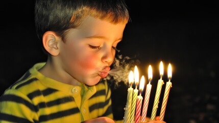 Joyful child blowing out birthday candles, making a heartfelt wish.
