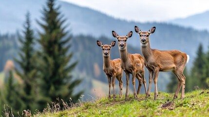 A proud male deer stands tall as others graze peacefully on grassy slopes, set against the beautiful backdrop of colorful autumn foliage